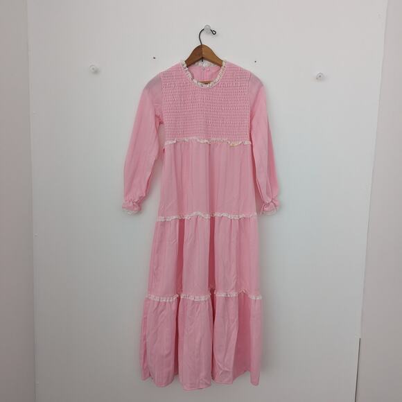 Vintage Dress Girls Size 9-10 Pink Smocked Maxi Boho Hippie Long Sleeve - Picture 1 of 8